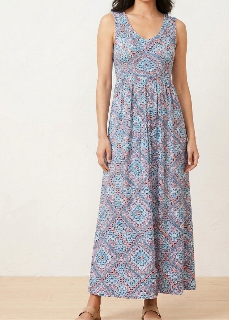 Talbots Printed Rayon Stretch V-Neck Sleeveless Maxi Dress Blue Coral M